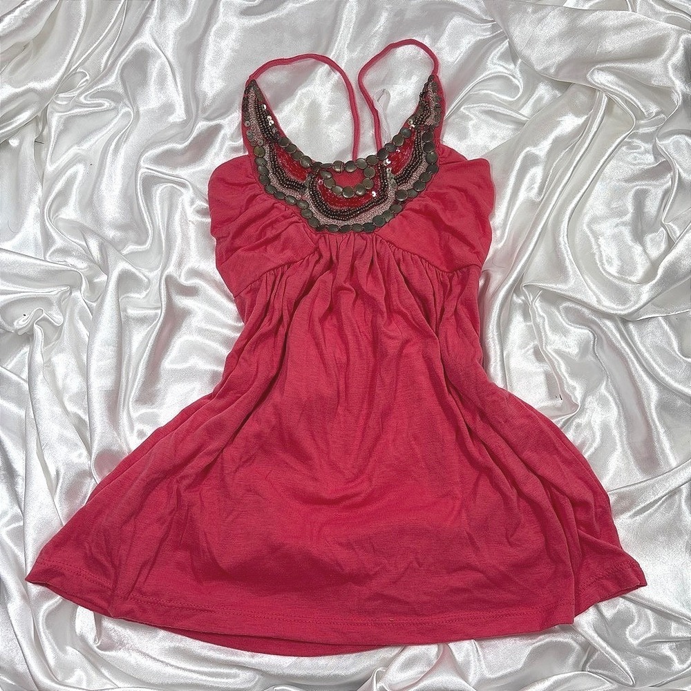 y2k Babydoll Cami Top Pink Beaded Sequin Empire Waist Wet Seal S